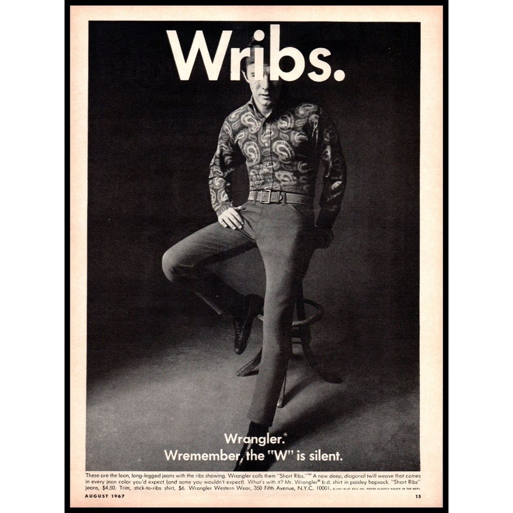 1967 Wrangler Western Wear Vintage Print Ad 60s Fashion Paisley Shirt Wall Art